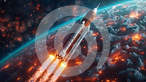 Rocket Launch Over Burning Earth In Outer Space
