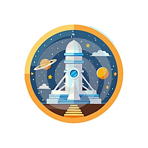 Rocket Launch Pad in Space with Planets and Stars Illustration