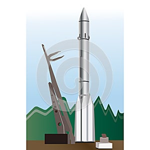 The rocket is on the launch pad. Vector illustration.