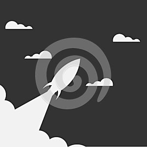 Rocket launch, rocket ship soar up into the sky through the clouds and go heading to space. start up business concept - vector