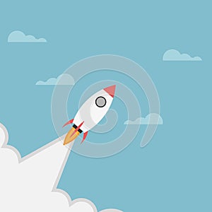 Rocket launch, rocket ship soar up into the sky through the clouds and go heading to space. start up business concept - vector