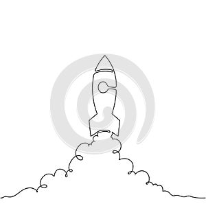 Rocket launch, ship. Continuous line drawing. Startup business. Vector illustration. Isolated on white background.