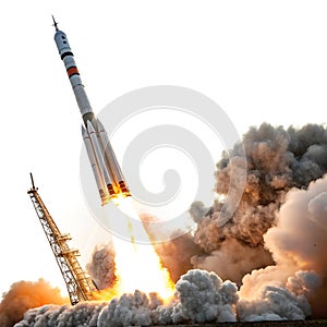 Rocket Launch with Smoke and Flames Isolated on White Background