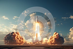 Rocket launch into space. 3d rendering Mixed media