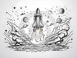 Rocket launch in space. Hand drawn sketch vector illustration for your design