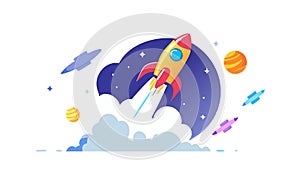 Rocket Launch Into Space. Innovation, Startup, Exploration, Future Tech, vector design Generative AI