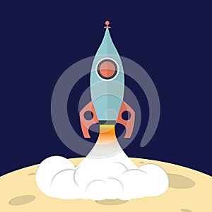 Rocket launch into space from surface of moon. Flat illustration