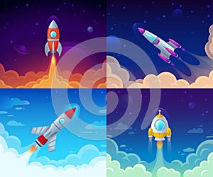 Rocket launch. Space travel, galaxy rocketship and business plan success start vector cartoon concept illustration