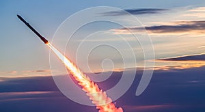 Rocket Launch Spacecraft Soaring Through Sky at Sunset