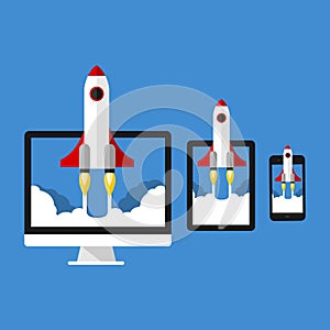 Rocket Launch Start Up Project On Monitor, Tablet And Smartphone Display Flat Vector