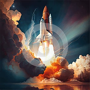 rocket launch at sunset with clouds and smoke. 3d illustration. Vector illustration