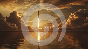 Rocket Launch at Sunset Over Calm Ocean