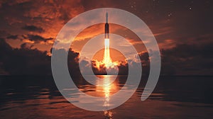 Rocket Launch at Sunset Over Ocean
