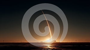 Rocket launch at sunset with a striking trail.