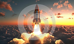 Rocket launch at sunset, vibrant clouds, dramatic sky, powerful ascent