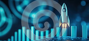 Rocket launch symbolizing technological advancement and innovation, with glowing blue background and data visualization