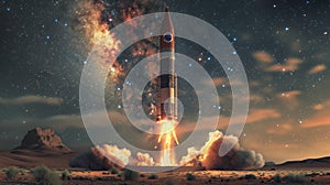 Rocket Launch Under Starry Night Sky