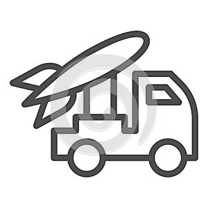 Rocket launcher transportation line icon. Military anti-aircraft weapons symbol, outline style pictogram on white