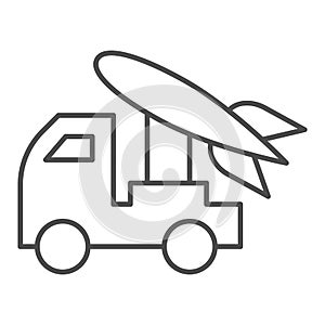 Rocket launcher transportation thin line icon. Military anti-aircraft weapons symbol, outline style pictogram on white