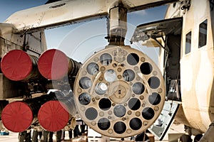 Rocket launcher under wing of military helicopter