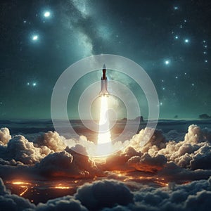 Rocket Launches Through Clouds into Starry Outer Space