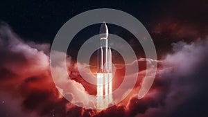 Rocket Launches Through Clouds into Starry Outer Space