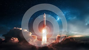 Rocket Launches Through Clouds into Starry Outer Space