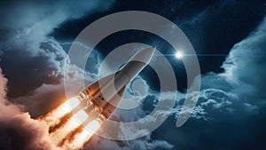 Rocket Launches Through Clouds into Starry Outer Space