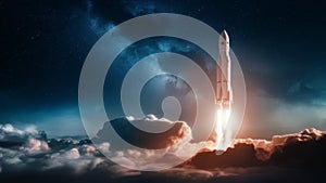 Rocket Launches Through Clouds into Starry Outer Space