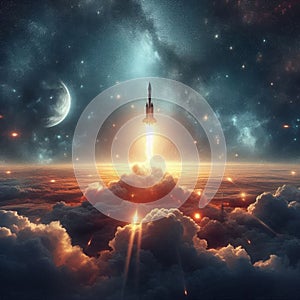 Rocket Launches Through Clouds into Starry Outer Space