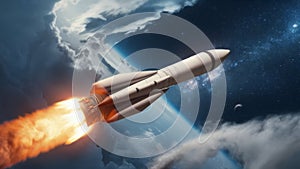 Rocket Launches Through Clouds into Starry Outer Space