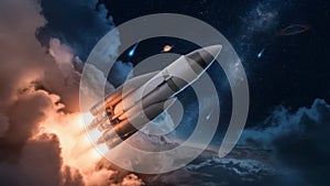 Rocket Launches Through Clouds into Starry Outer Space