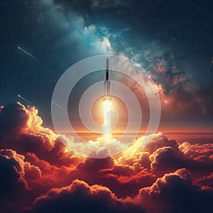 Rocket Launches Through Clouds into Starry Outer Space