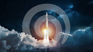 Rocket Launches Through Clouds into Starry Outer Space