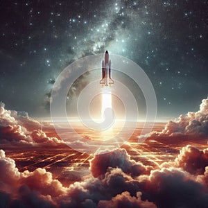 Rocket Launches Through Clouds into Starry Outer Space