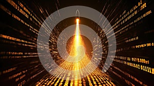 Rocket launches upward with digital binary code symbolizing innovation