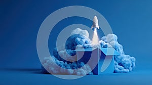 rocket launching from blue box