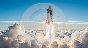 Rocket Launching Through Clouds Into Sky Symbolizing Exploration and Innovation