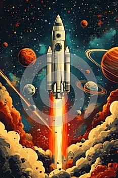 Rocket launching through a colorful galaxy filled with planets and stars