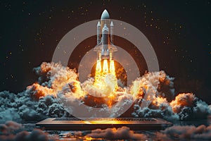 Rocket Launching from Laptop Screen on Black Background
