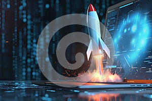 Rocket launching from laptop screen, blue digital background