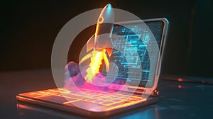 Rocket Launching from a Laptop Screen Representing Innovation