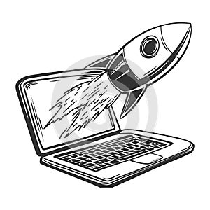 Rocket launching from laptop symbolizing innovation and technology growth.