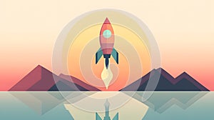 Rocket Launching Over Water with Geometric Mountain Backdrop ai generated