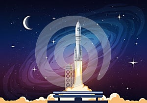 A rocket is launching from a platform, propelling upward with