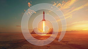 Rocket Launching Into Sky With Sun in Background