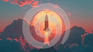 Rocket launching into the sky with sun in background