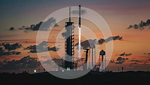 Rocket is launching into the sky at sunset