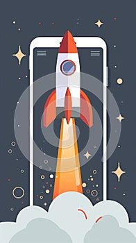 Rocket launching from smartphone screen, abstract space concept