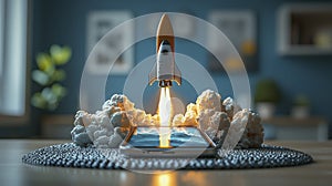 Rocket Launching from Smartphone Surrounded by Clouds